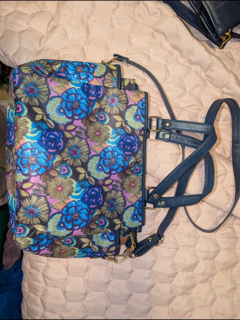 Shishka Hand Painted Floral Multicolor Crossbody Tote Bag - Blue Floral Print